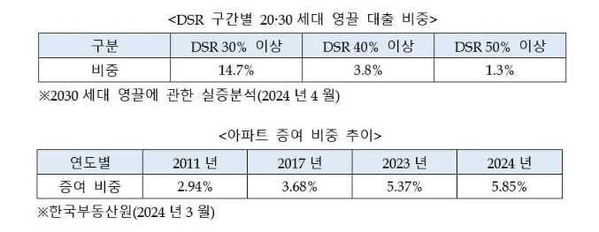 DSR 구간별 20·30세대 영끌 대출 비중 표(DSR 30% 이상 14.7%, 40% 이상 3.8%, 50% 이상 1.3%)와 아파트 증여 비중 추이 표(2011년 2.94%, 2017년 3.68%, 2023년 5.37%, 2024년 5.85%).