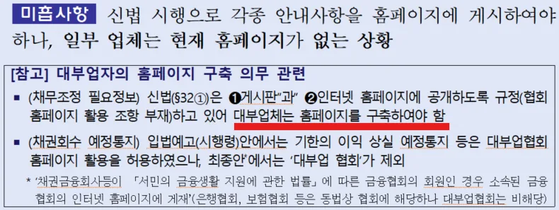 금융감독원 점검 자료의 미흡사항 항목. 신법 시행으로 각종 안내사항을 홈페이지에 게시하여야 하나 일부 업체는 현재 홈페이지가 없는 상황이라고 지적하며, 신법 제32조 1항이 게시판과 인터넷 홈페이지에 공개하도록 규정하고 있어 대부업체는 홈페이지를 구축하여야 함을 명시하고 있다.
