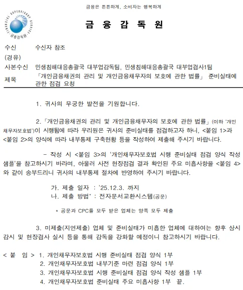 금융감독원이 대부업체에 보낸 「개인금융채권의 관리 및 개인금융채무자의 보호에 관한 법률」 준비실태에 관한 점검 요청 공문. 붙임 1·2 양식에 따라 준비실태와 내부통제 구축현황을 작성해 12월 3일까지 전자문서교환시스템으로 제출하도록 안내하며, 미제출·지연제출 업체와 준비실태가 미흡한 업체는 상시감시 및 현장검사로 감독을 강화할 예정이라고 밝히고 있다.