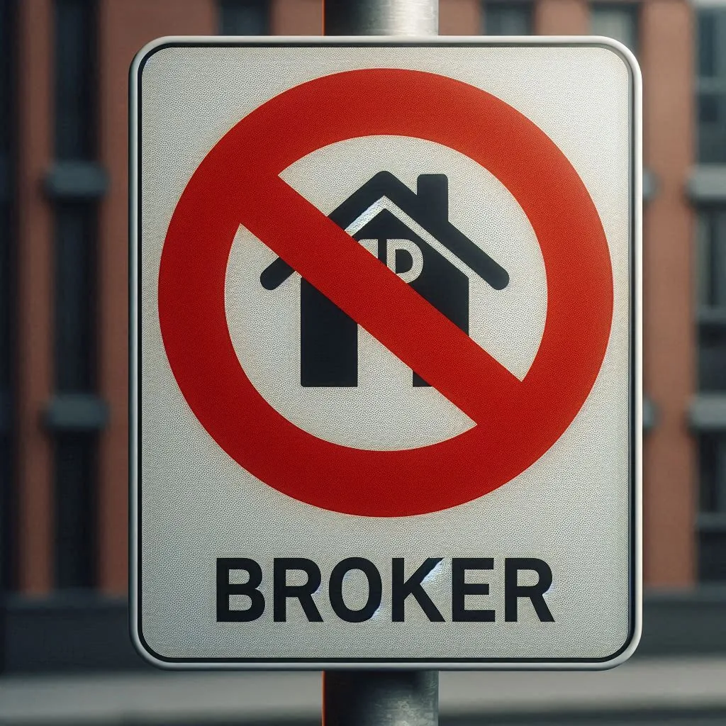 집 모양 아이콘에 빨간 금지 표시가 그려지고 'BROKER'라고 적힌 표지판 이미지.
