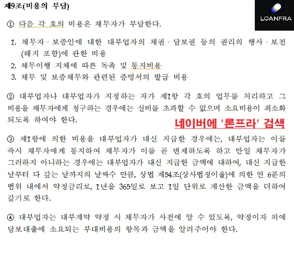 대부거래 표준약관 제9조(비용의 부담) 조문 캡처. 제1항은 채권·담보권 등 권리의 행사·보전에 관한 비용을 채무자가 부담한다고 정하고, 제3항은 대부업자가 대신 지급한 비용에 대해 대신 지급한 날부터 다 갚는 날까지 상법 제54조에 따른 연 6푼 범위 내 약정금리로 계산한 금액을 더해 갚기로 한다고 규정한다.